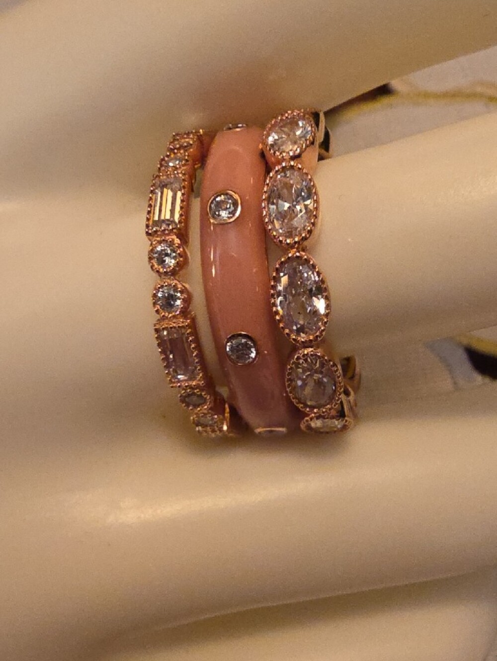 Diamonique CZ Pink Enamel Eternity Stack Set Rose Gold Sterling Silver Rings - Picture 13 of 16